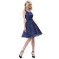 Belle Poque Retro Vintage Sleeveless Crew Neck gefaltet Navy Blue Lace Spleißen A-Line Kleid BP000291-1